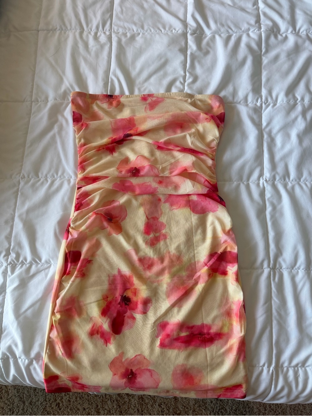 Strapless Floral Bodycon Dress in Cream and Pink